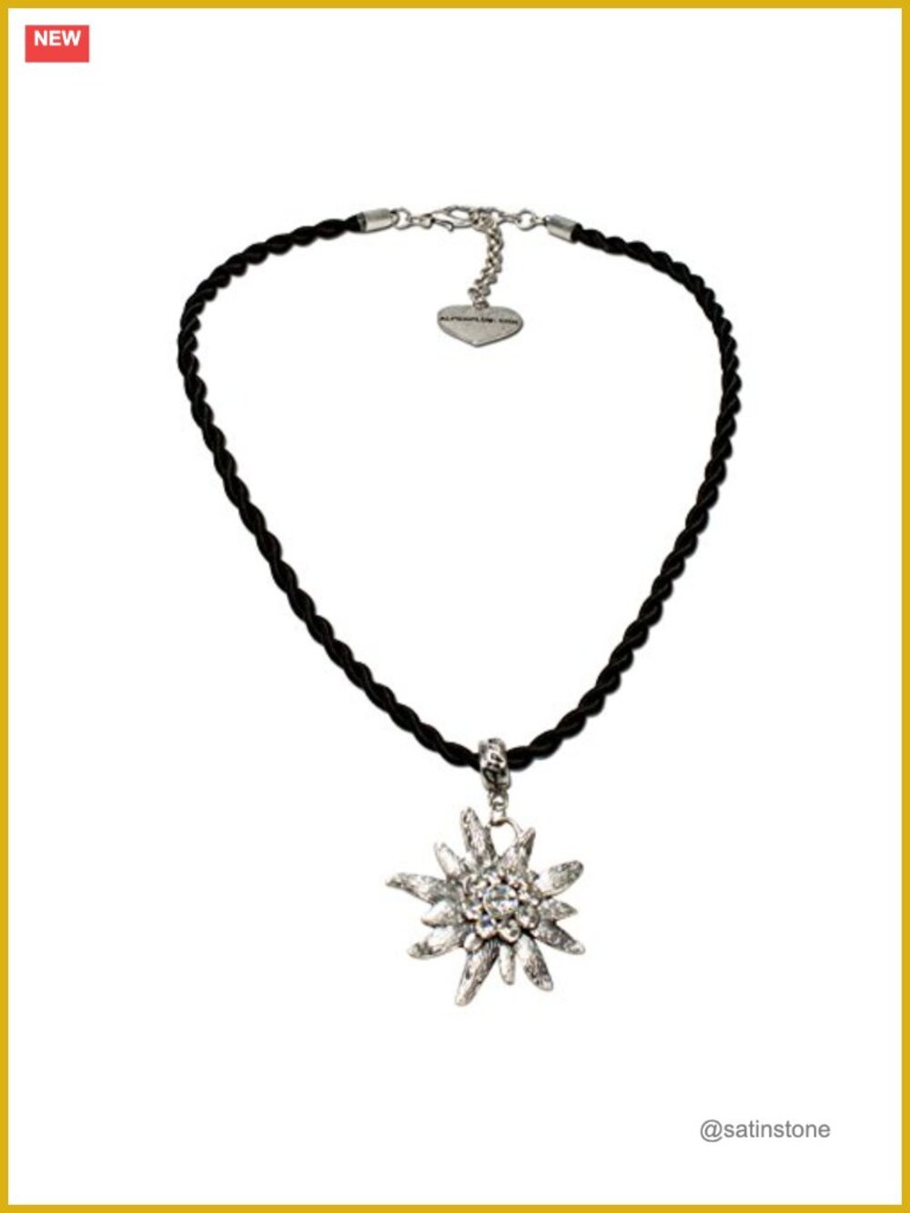 Bavarian Cord Necklace Rhinestone Edelweiss Pendant Dirndl Jewelry